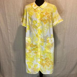 VTG 70s Yellow Floral Print Snap Button Shirt Dress